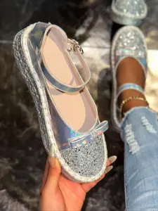 Women's Fashionable Glitter Bow Decorated Slide Sandals, Elegant Square Toe Flat Sandals for Party, Daily Clothing Decor for Women & Girls, Footwear