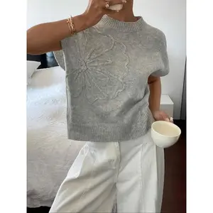 Women's Plain Flower Embroidery Sweater Vest, Casual Sleeveless Jumper for Daily Wear, Ladies Knitwear for All Seasons, Womenswear��gift�� Tops Basic