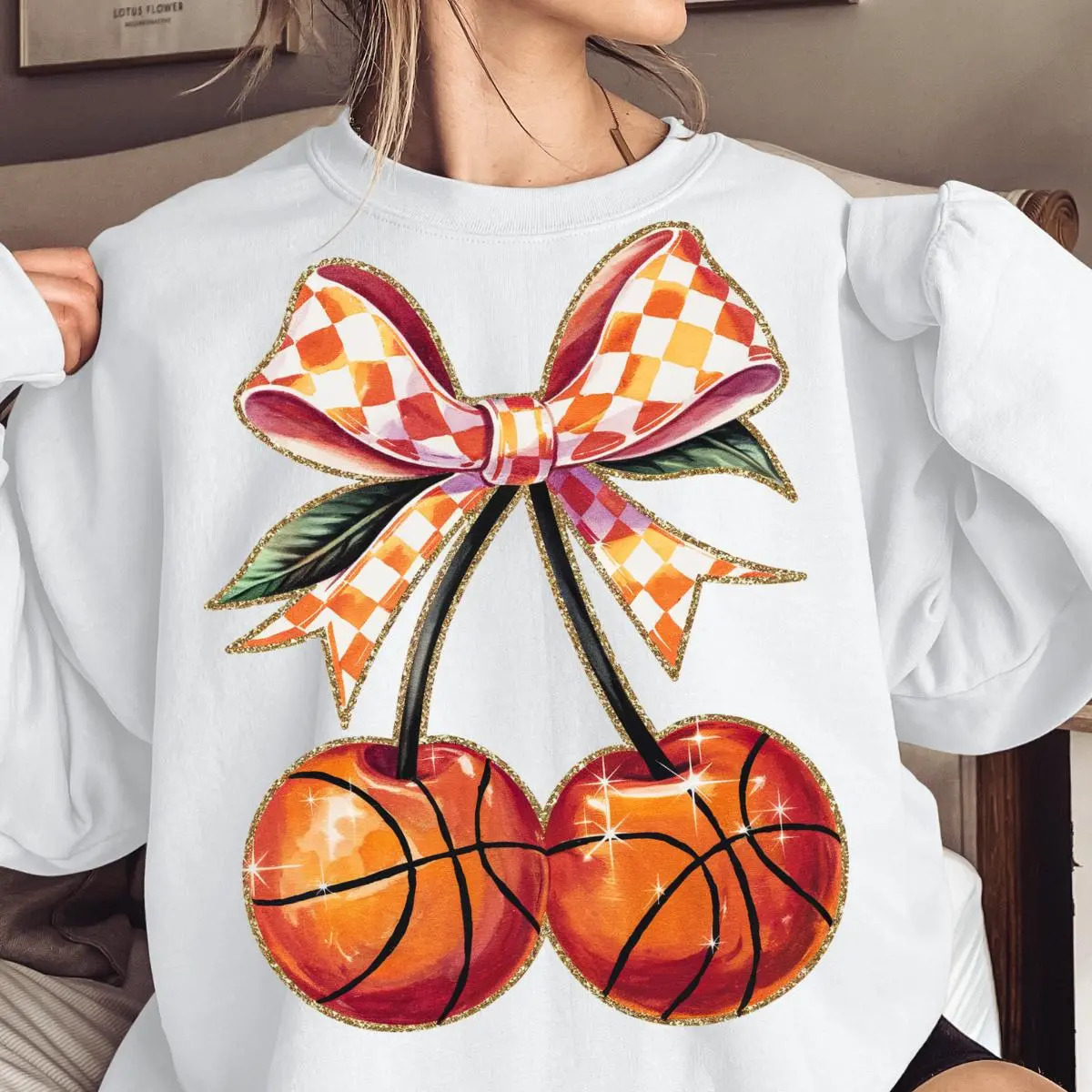 Cherry Basketball Checkered Coquette Bow Sweater, Game Day Preppy Basketball Sweatshirt, Glitter Basketball Mama Sweater, Basketball Bow Sweater, 100% Cotton, Made in USA