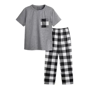 1 set Loungewear Pajama Set Plaid Print Short Sleeve Tee Top and Pants Set