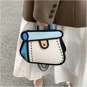 Creative 2D Cartoon Crossbody Bag for Women，with Unique Canvas Designs and Chain Strap Stylish Shoulder Bag