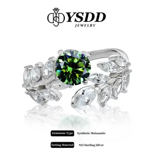 【#227】 Emerald Green Synthetic Moissanite Leaf Statement Ring 1Carat in 925 Sterling Silver