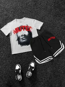 Men's Vintage Portrait Two-Piece Set, Oversized Print T-Shirt & Basketball Shorts, Summer Skateboard Commute Daily Casual Y2K Streetwear Essential
