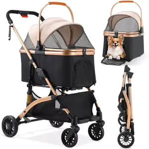 Dog Buggy 2 in 1 Stroller Dog Box Transport Foldable Cat Stroller, 360 °   Wear-resistant Rubber Wheels, with Storage Basket