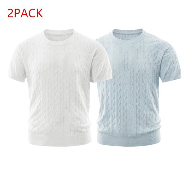 2PACK Men's Cable Knit Tees  Trendy Textured Short Sleeve Shirts, Soft Comfy Casual Crew Neck Tops, Essential Streetwear