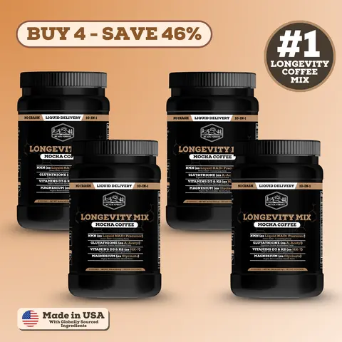 Longevity Coffee Mocha Instant Supplement Beverage (4 Bottles, 120 Servings) - NMN, Glutathione Powdered Supplement Drink Mix, Magnesium Glycinate, Vitamins D3,C,K2,B12, Cocoa - Gluten-Free, Sugar-Free, Non-GMO, Memory and Focus Energy Boost