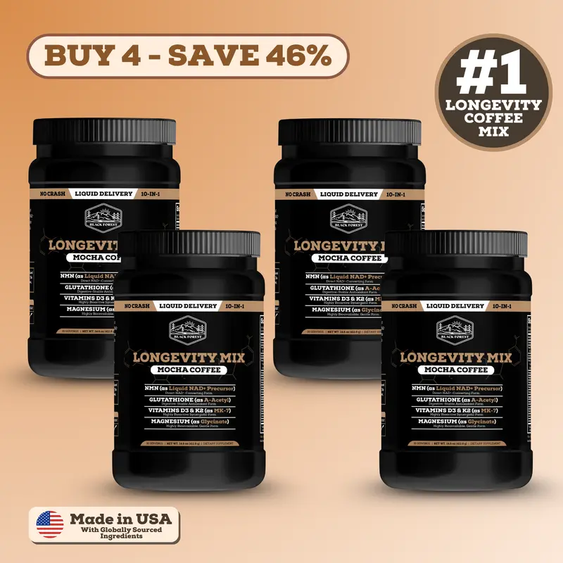 Longevity Coffee Mocha Instant Supplement Beverage (4 Bottles, 120 Servings) - NMN, Glutathione Powdered Supplement Drink Mix, Magnesium Glycinate, Vitamins D3,C,K2,B12, Cocoa - Gluten-Free, Sugar-Free, Non-GMO, Memory and Focus Energy Boost