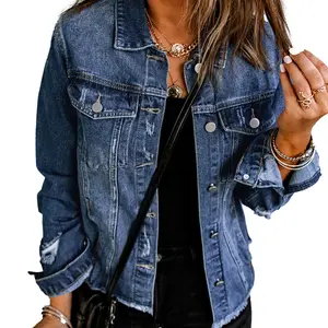 Necooer Y2K Oversized Distressed Denim Jacket - Boyfriend Style Fall Coat 2025 Retro Edgy Must-Have for Layering Blue Casual Long Sleeve Button Down Lapel Chest Pockets Breathable Cotton Fabric