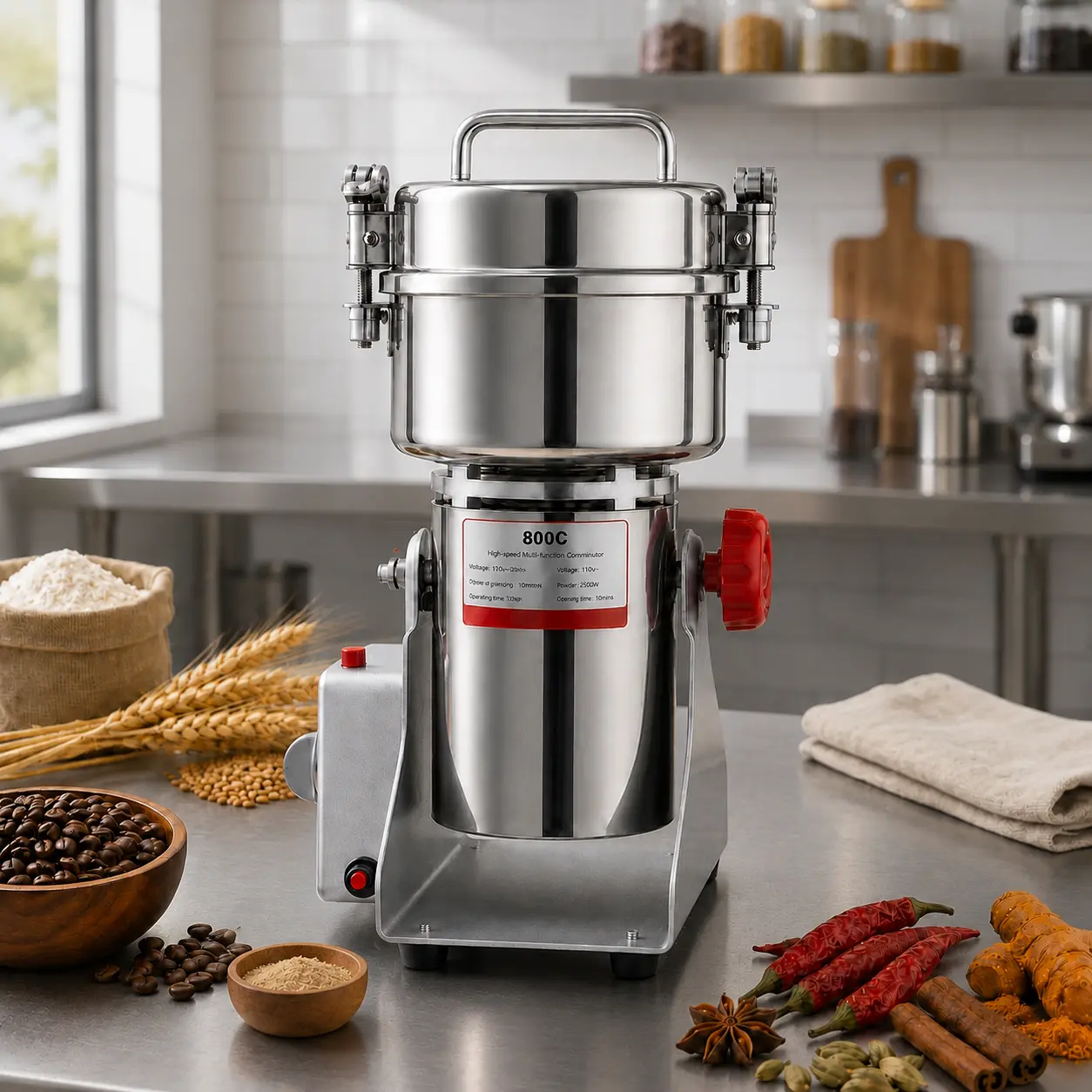 3500W Rotatable Electric Grain Mill with 800g Capacity & Food-Grade Steel + Aluminum Parts, High-Speed Pulverizer for Herb Grinding, Dry Grains, Spices, Coffee Beans for Home Users