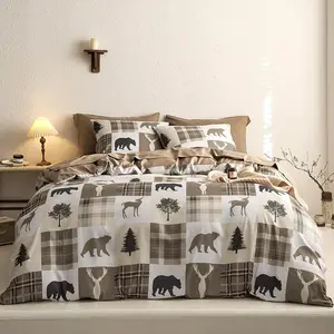 - Rustic Comforter Set with Sheets, Cabin Christmas Bear Moose Deer Wildlife Patchwork, 7 Pieces Bed in a Bag, Tan Brown, Queen Size