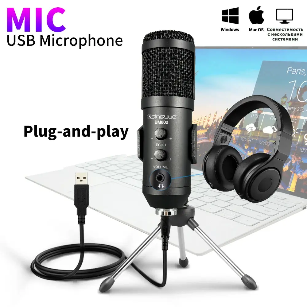 USB Microphone,with Volume and Echo Control,Computer Condenser Gaming Mic for PC/Laptop,for Singing,Podcast,Studio Recording