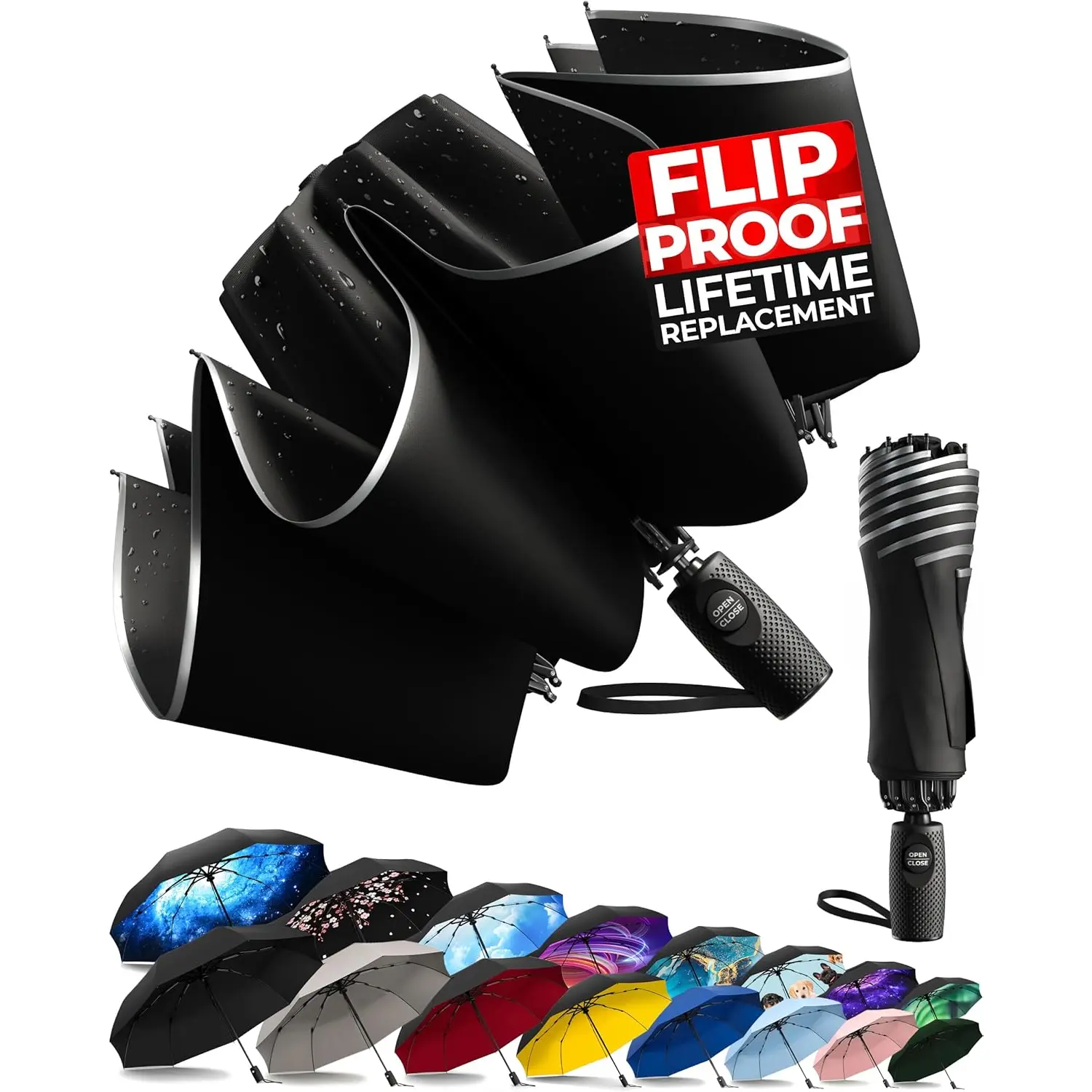 Flip-proof Inverted Travel Umbrella, Small  but Light Portable and Automatic Reverse Folding Rain Umbrella, Durable  Grip, Fits  & Backpack