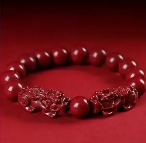 2pcs Cinnabar Pixiu Bracelets - Vintage Style Beaded Jewelry for Men and Women, Red and Golden Traditional Chinese Motifs, Casual Attire, All-Season Accessory, Chinese Jewelry