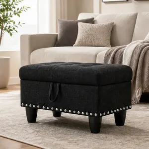ARCH Black Faux Leather Ottoman with Storage Footstool for Living Room Tufted Nailhead Trim Solid Wood Frame Foam Cushion Foot Rest Stool Organizer Bench, Black Color Options, Foam/Wood Material, Product Weight: Not Applicable lb, Color: Black