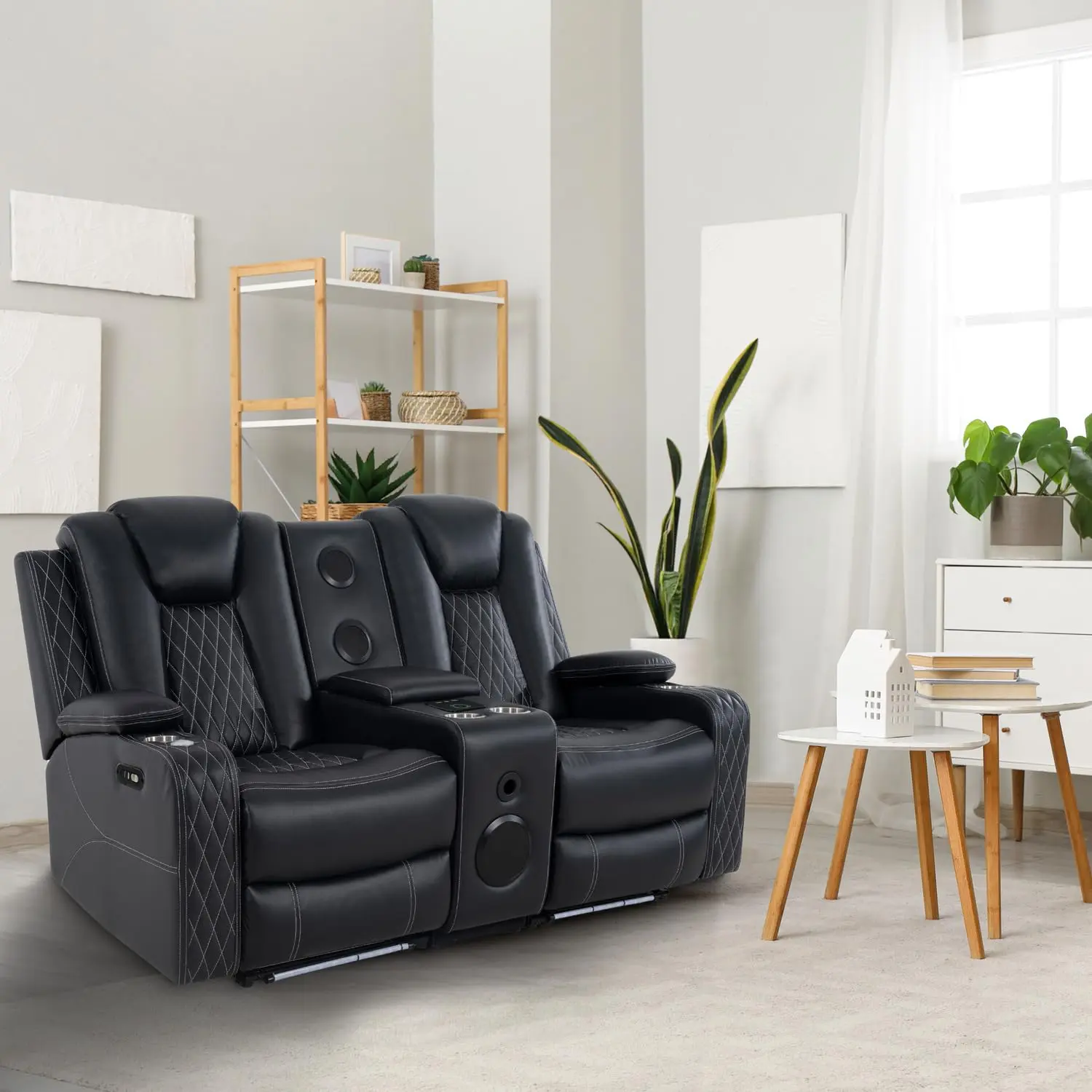 Deluxe Theater-Style Motion Loveseat, Air Leather Movie Sofa with LED Lights for Living Room Indoor Furniture
