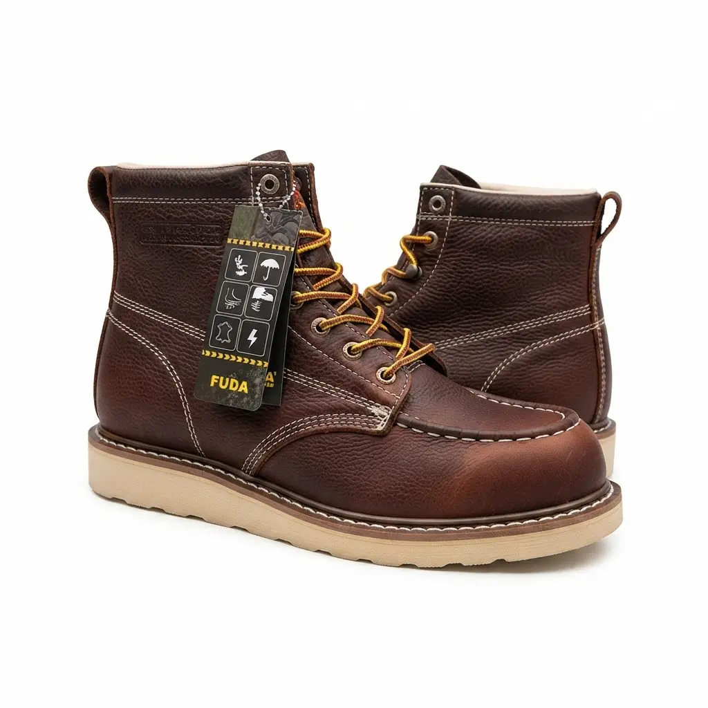 Men's 6-in Full Grain Leather Waterproof Heavy-Duty Work & Safety Shoes, Closed Round Toe, Solid Plain Design, Cushioned Non-Slip PU Wedge Outsole, Goodyear Welt Construction, Removable Footbed, Cuban Heel, All-Seasons Construction Worker Footwear