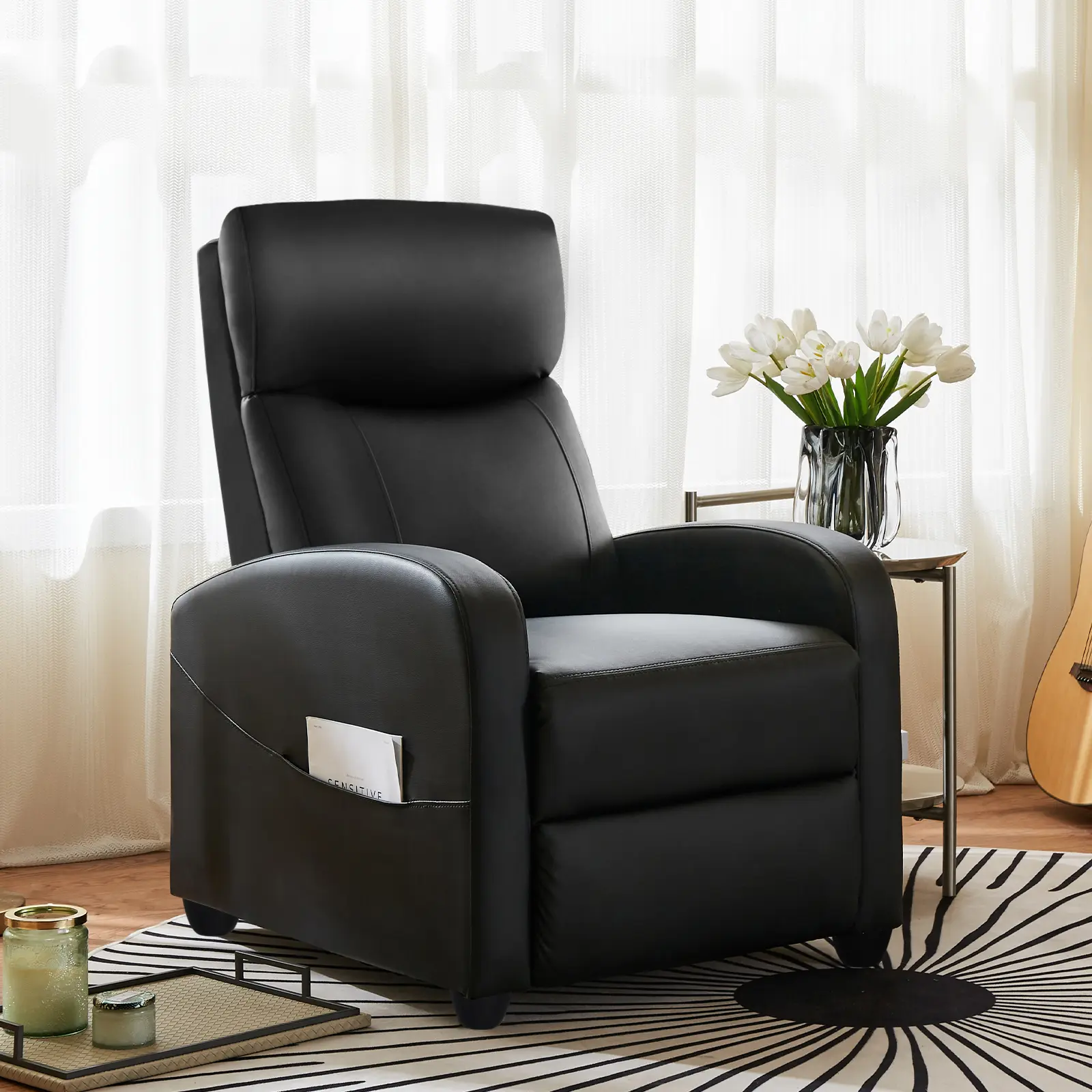 Manual Recliner Chair for Living Room, Adjustable Recliner with Padded Seat & Backrest, Home Theater Seating with Side Pocket & Cup Holders, Cream Leather Manual Recliner Chair Winback Single Sofa,Massage and Heating,Casual Chair For Living Room tiktoksho
