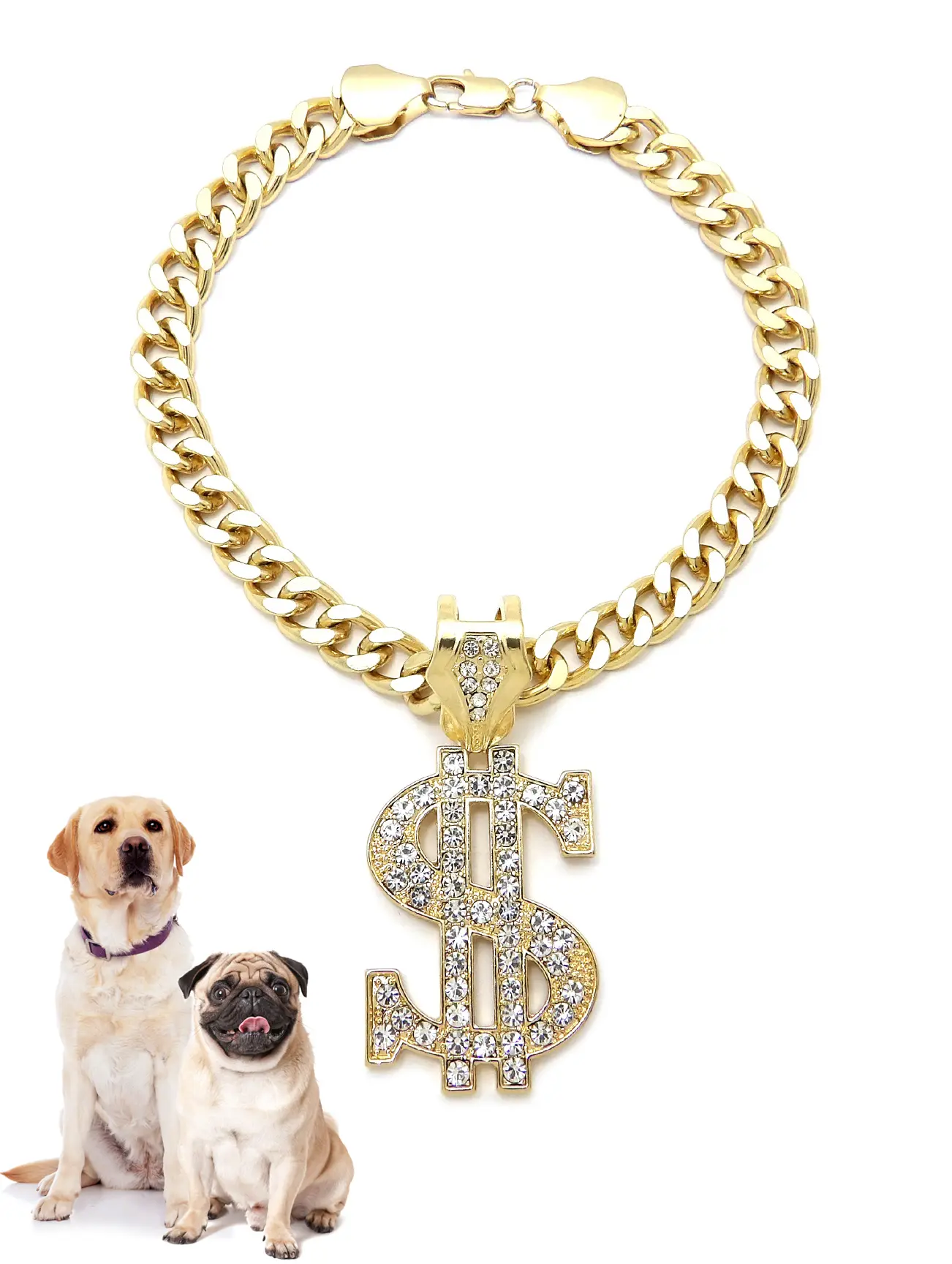 Icemond Initial Theme Rhinestone Dollar Sign Pendant Pet Necklace - Durable Alloy Metal, 18"-26" Cuban Chain, Gold/Rhodium Tone, Stylish for Large Breeds, Year-Round Look Accessory (Avoid Getting Wet), Rhinestones, Fashion Accent