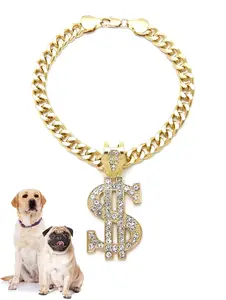Icemond Stylish Look Rhinestone Studded Dollar Sign Pendant Pet Necklace, 18"/26" Cuban Chain, Gold or Rhodium Tone, Large Breed Suitable