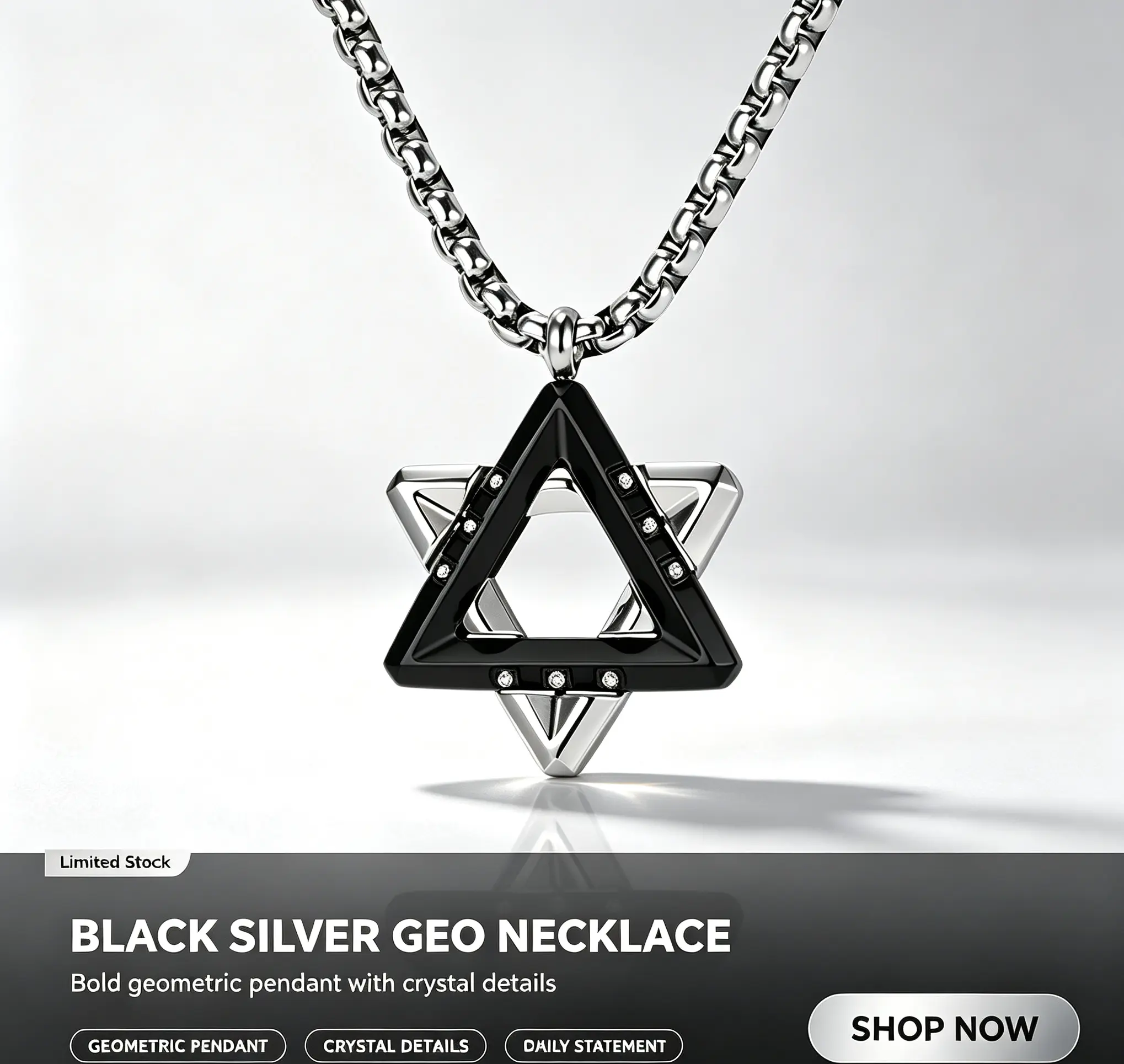 Men's 3D 2-Tone Hexagram Pendant Triangle Necklace, Creative Minimalist Hip-Hop Stainless Steel Jewelry, Trendy Ins Style Fashion Accessory