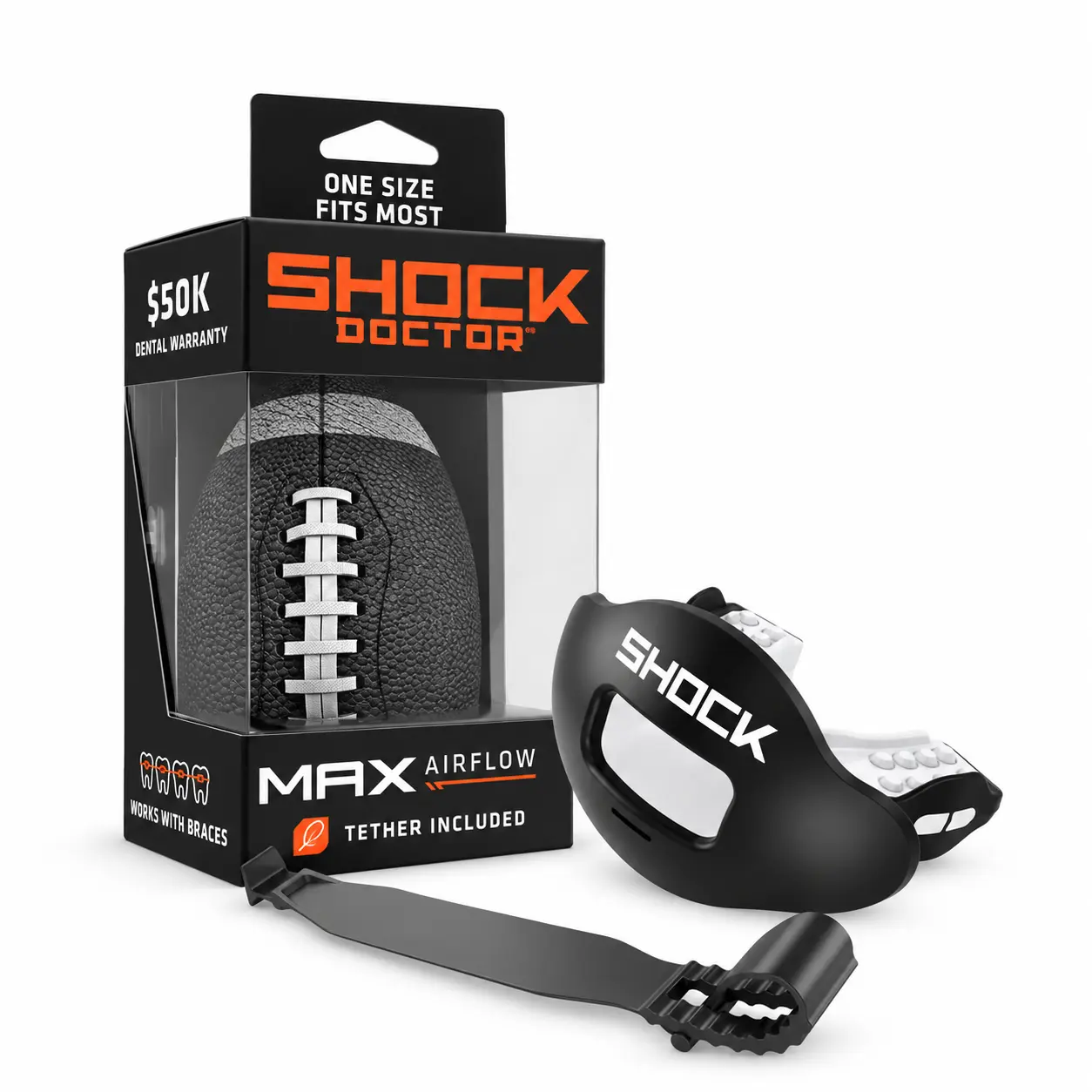 Shock Doctor Max AirFlow Football Mouthguard - Black, Extra Large Breathing Channel, Full Protection, Comfortable Bite Pads, No Mold Fit