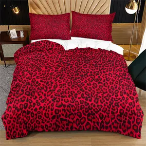 2/3 Pcs Fiery Red-Black Dense Leopard Print Bedding Duvet Cover Set (Duvet cover/Quilt cover), 1 Quilt Cover & 1/2 Pillowcases (no filler), Fits Bedroom/Hotel/Homestay Decor, Ideal for Passionate Retro Style Fans/Families/Hotel Buyers/Anniversary Gifters
