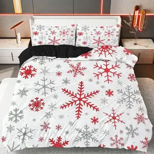 3PCS Duvet Cover Set, 1 Duvet+2 Pillowcases(Without filler), Snowflake Winter Red White Grey theme, Christmas bedding set, Elegant Stylish Cozy Suitable for decoration bedroom living room guest room hotel