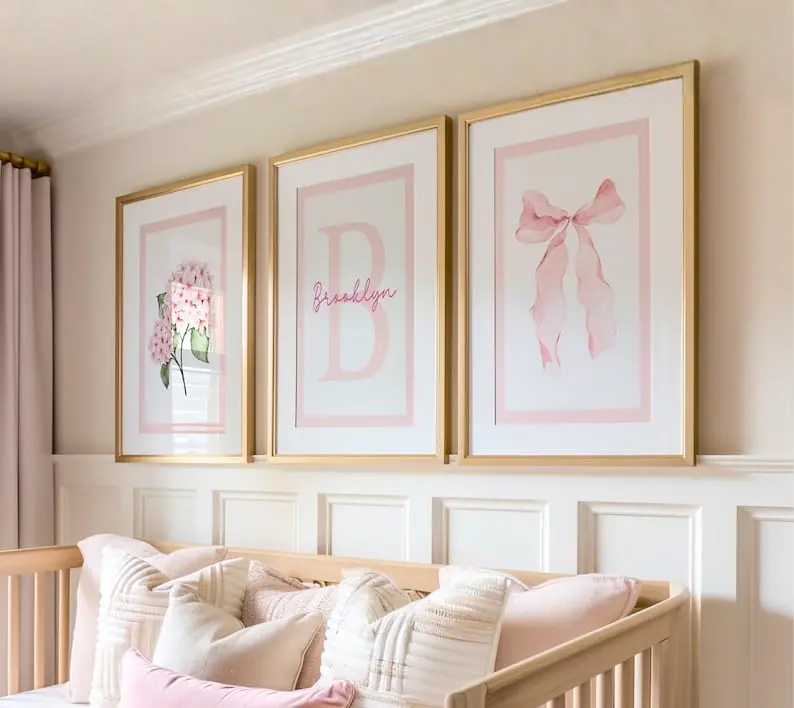Pink Floral Bow Wall Art with Custom Initial Name, Set of 3 Girl Room Prints, Nursery Decor, Pink Girly Aesthetic, Hydrangea, Teen Dorm 450R Eileen C.