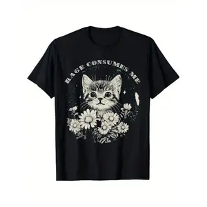 [Funny Cat T-Shirt] Soft Cotton Funny Cat Graphic T-Shirt - 'Rage Consumes Me' Sarcastic Kitten & Flower Design