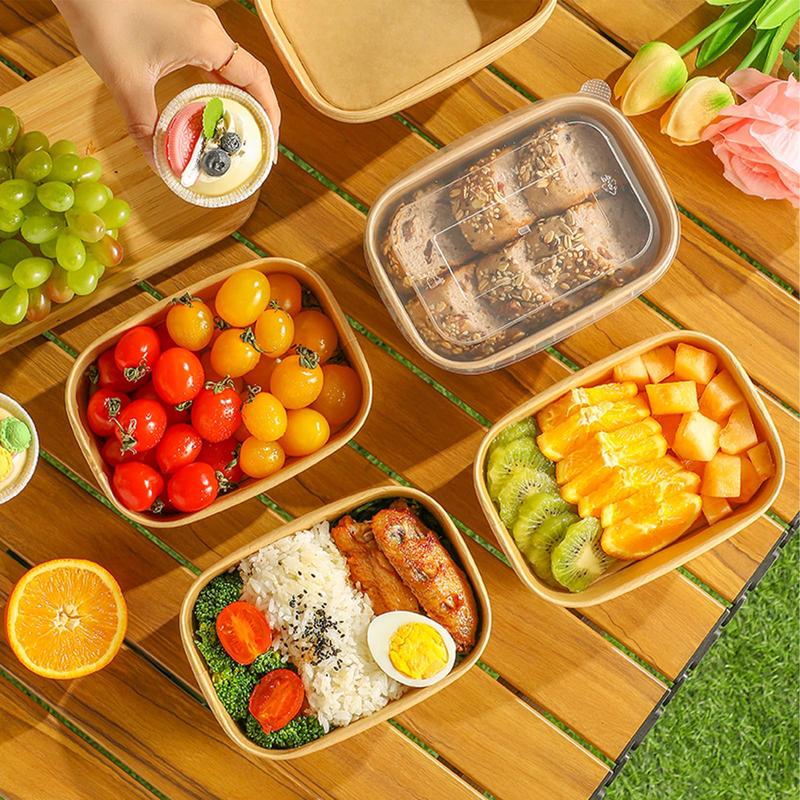 50Pack Disposable Kraft Paper Bowls with Lids and Forks,35oz Square/36oz Round,Meal Prep Containers Disposable Large Paper Bowls, Leakproof Food Containers Treat Soup Serving Bowl, Microwave Safe for Hot/Cold Food Clamshell Takeout Tray Compostable Arc Cu