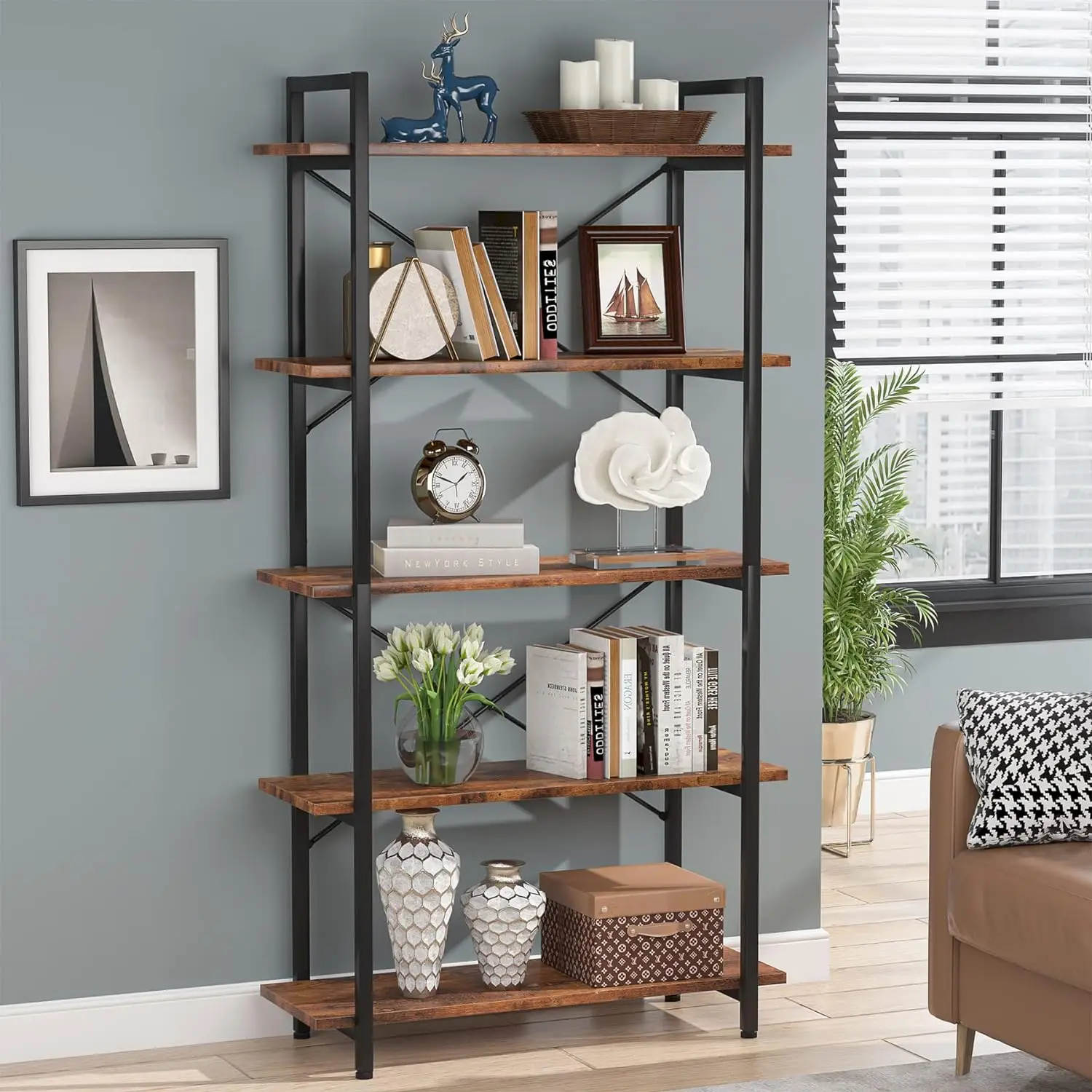 Tribesigns 5 Tier Bookshelf Industrial Etagere Bookcase for Living Room, Study, Home Office