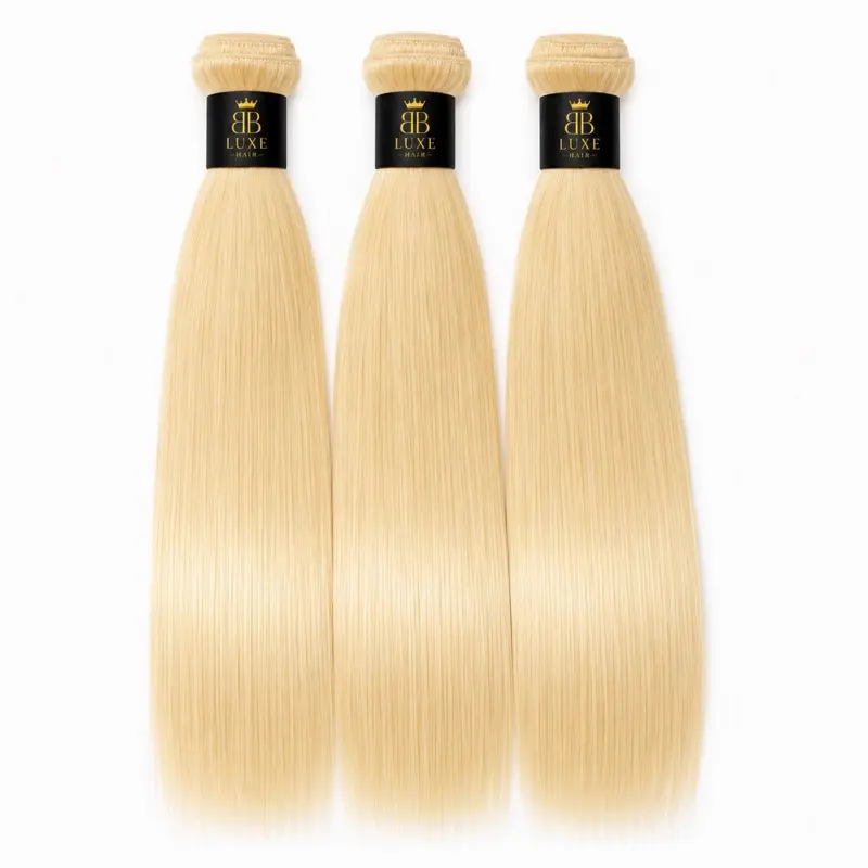 BB Luxe Unisex 15A 613 Raw Blonde Straight Human Hair Bundles - 3 Bundles, Soft Texture, Thick Ends, True to Length, Heat Resistant Brazilian Russian Virgin Hair Extensions