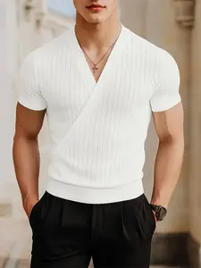 INCERUN Men's Fashion Business Style Texture Solid V-Neck Short Sleeve T-Shirt, Perfect for Daily Wear, Casual Office Look, Menswear Top