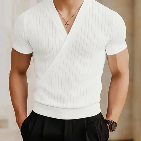 INCERUN Men's Fashion Business Style Texture Solid V-Neck Short Sleeve T-Shirt, Perfect for Daily Wear, Casual Office Look, Menswear Top
