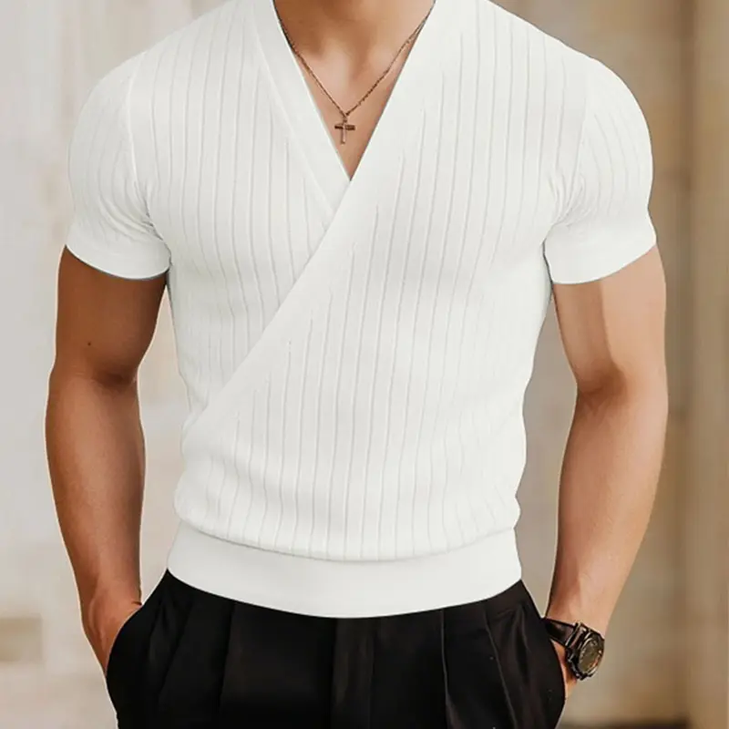 INCERUN Men's Fashion Business Style Texture Solid V-Neck Short Sleeve T-Shirt, Perfect for Daily Wear, Casual Office Look, Menswear Top
