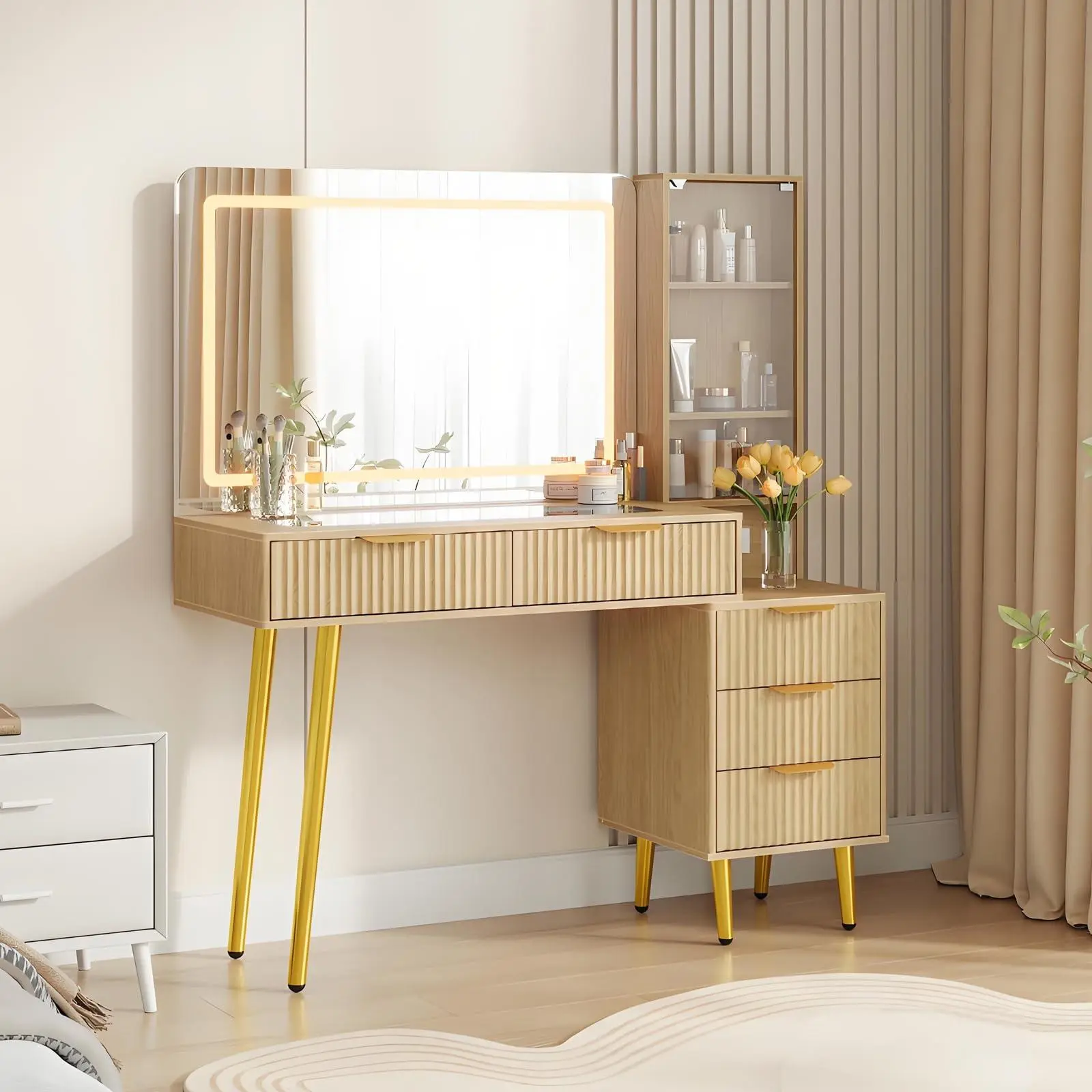 GAOMON 48in Durable LED Mirror Makeup Vanity Desk - Glass Top Fluted Table with 5 Drawers, Open Shelf, Built-in AC Outlet, Side Hanger, Textured Detailing, Assembly Required, Modern Bedroom Dressing Table, Tempered Glass