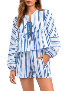 Tankaneo Womens 2 Piece Outfits Tie Front Peplum Tops Shorts Sets Striped Puff Long Sleeve Blouse Y2K Lounge Sets