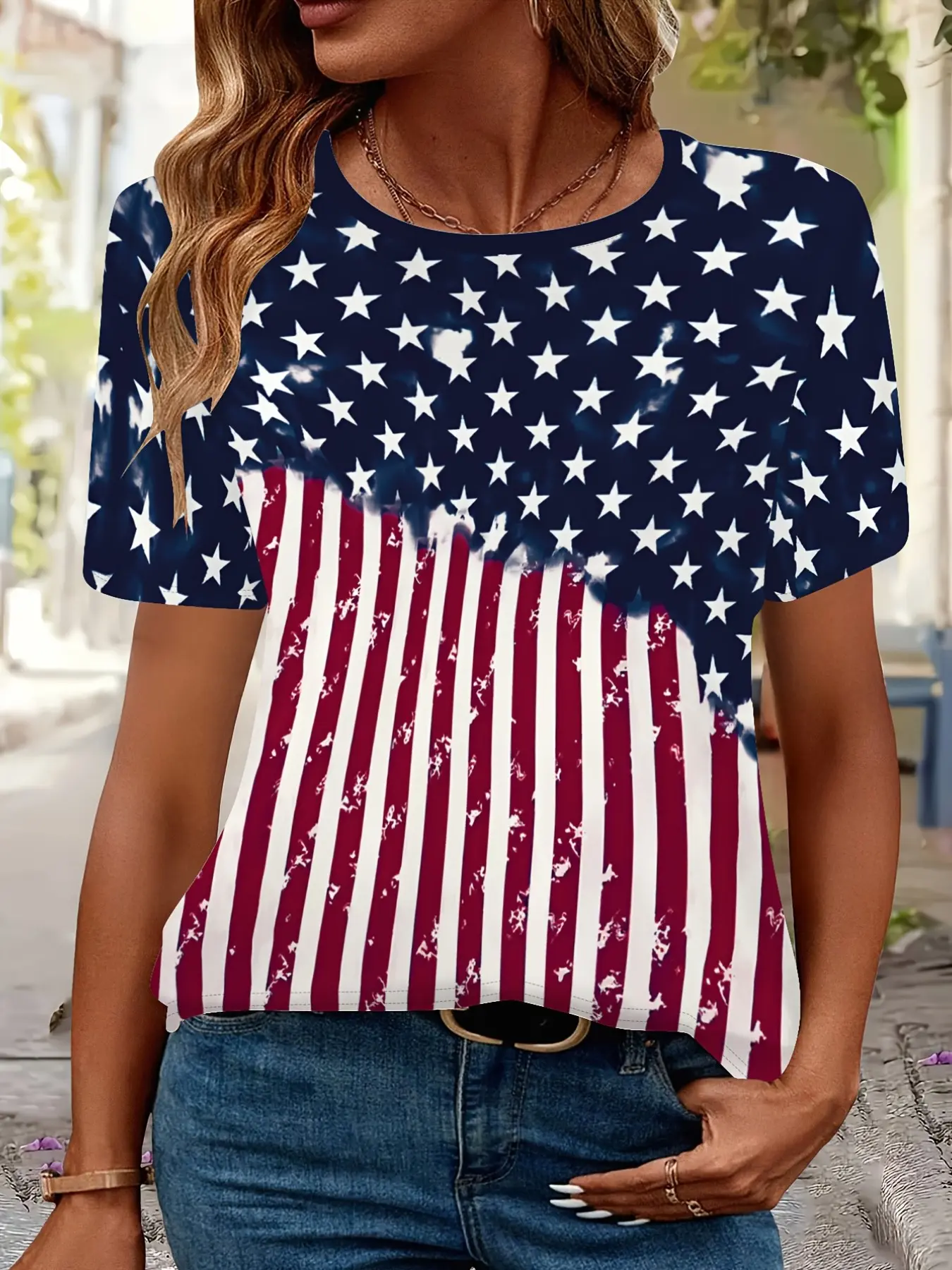 Star-Spangled Pattern Short Sleeve Womenswear T-Shirt, Women's Summer Casual Everyday Round Neck Top, All Over Print Loose Fit, Comfortable and Stylish, Fashion, All Over Printed