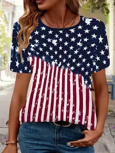 Star-Spangled Pattern Short Sleeve Womenswear T-Shirt, Women's Summer Casual Round Neck Top, All Over Print Loose Fit, Comfortable and Stylish