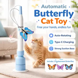 Automatic Interactive Cat Toy with Fluttering Butterfly, USB Type-C Rechargeable Electronic Kitten Teaser, Suction Cup Base for Indoor Cats, Includes 3 Replacement Realistic Butterflies for Exercise & Play