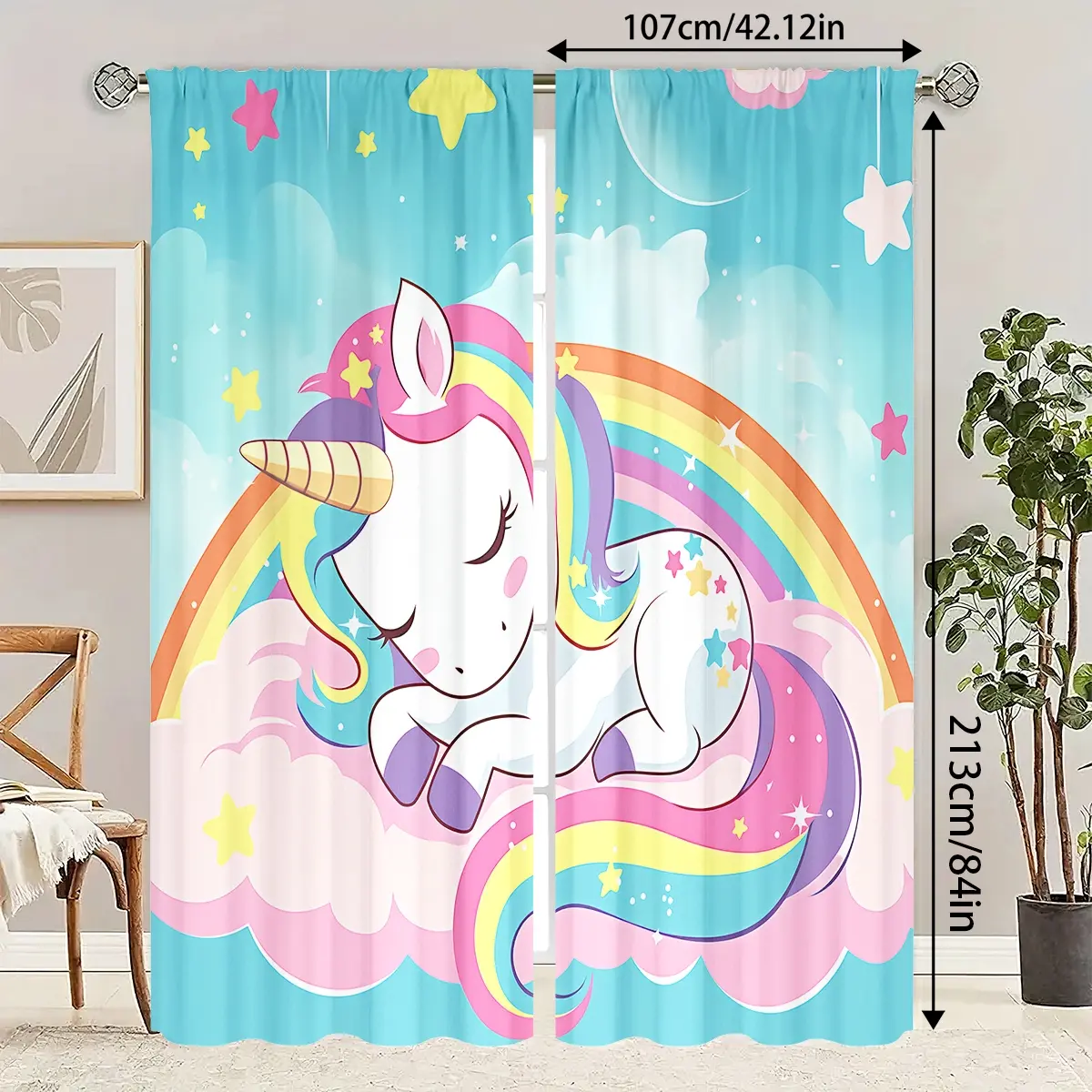 2-piece set of colorful unicorn curtains for sleeping, durable semi transparent polyester material curtains that can be washed with water, suitable for bedrooms/living rooms/study rooms, and is an ideal choice for home decoration, Window Curtain