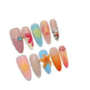 Colorful Floral REUSABLE Long Length Collections 10PCS Handmade Press On Nails Acrylic Fake Nails 2025 Three-dimensional Starfish Island Vacation Style Wear Nail Tip Glossy Finish French Style Nail Tips Set