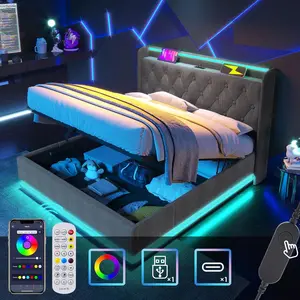 Queen Lift Up Storage Bed Frame with Button Headboard and Storage Underneath, Upholstered Platform Bed Frame & Smart Bed with Charging Station, LED Lights, Easy Assembly (Grey Linen, Queen)
