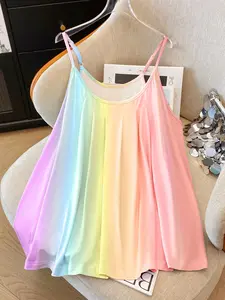 Plus Size Round Neck Adjustable Straps Gradient Rainbow Ruched Sleeveless Fitted Tank Top, Smooth Skin-Friendly Fabric, Sweet Casual Inner Layer for Spring Summer Womenswear