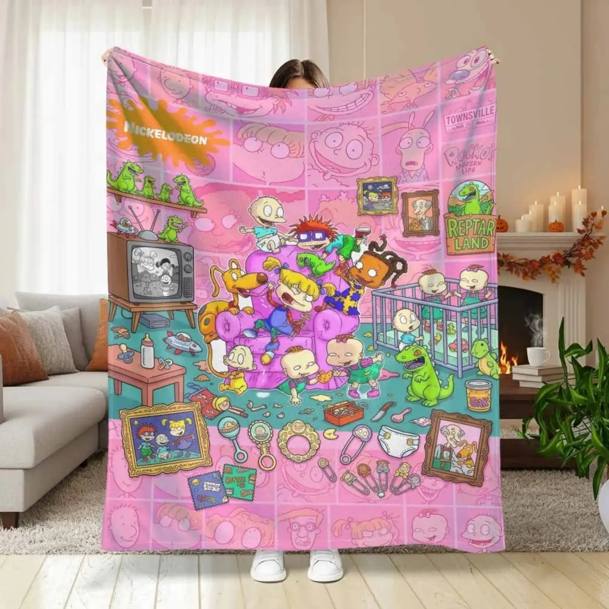 Rugrats Pink Cartoon Throw Blanket, Classic Nickelodeon Animated Characters Print Ultra Soft Micro Fleece Blanket, Lightweight All Season Plush Bed Couch Cover for Kids Teens Adults, Nostalgic Cartoon Fan Gift
