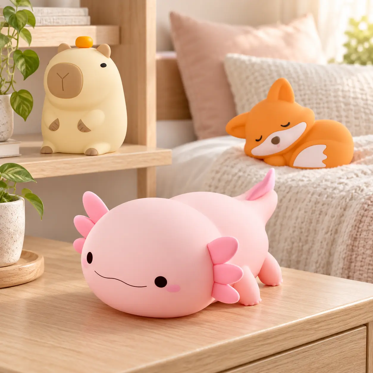 Kawaii Animal Night Light, USB-C Rechargeable BPA-Free Silicone Tap Lamp with 2 Brightness Levels & 20-Min Auto-Off Timer, Cute Squishy LED Bedside Light for Kids Teens Adults, Axolotl Capybara Fox Room Decor, Halloween Christmas Birthday Gift
