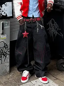 Y2K Millennium Style Heartbeat Embroidered Wide-Leg Mid Jeans, American Streetwear Fashion, Unique Thread Design