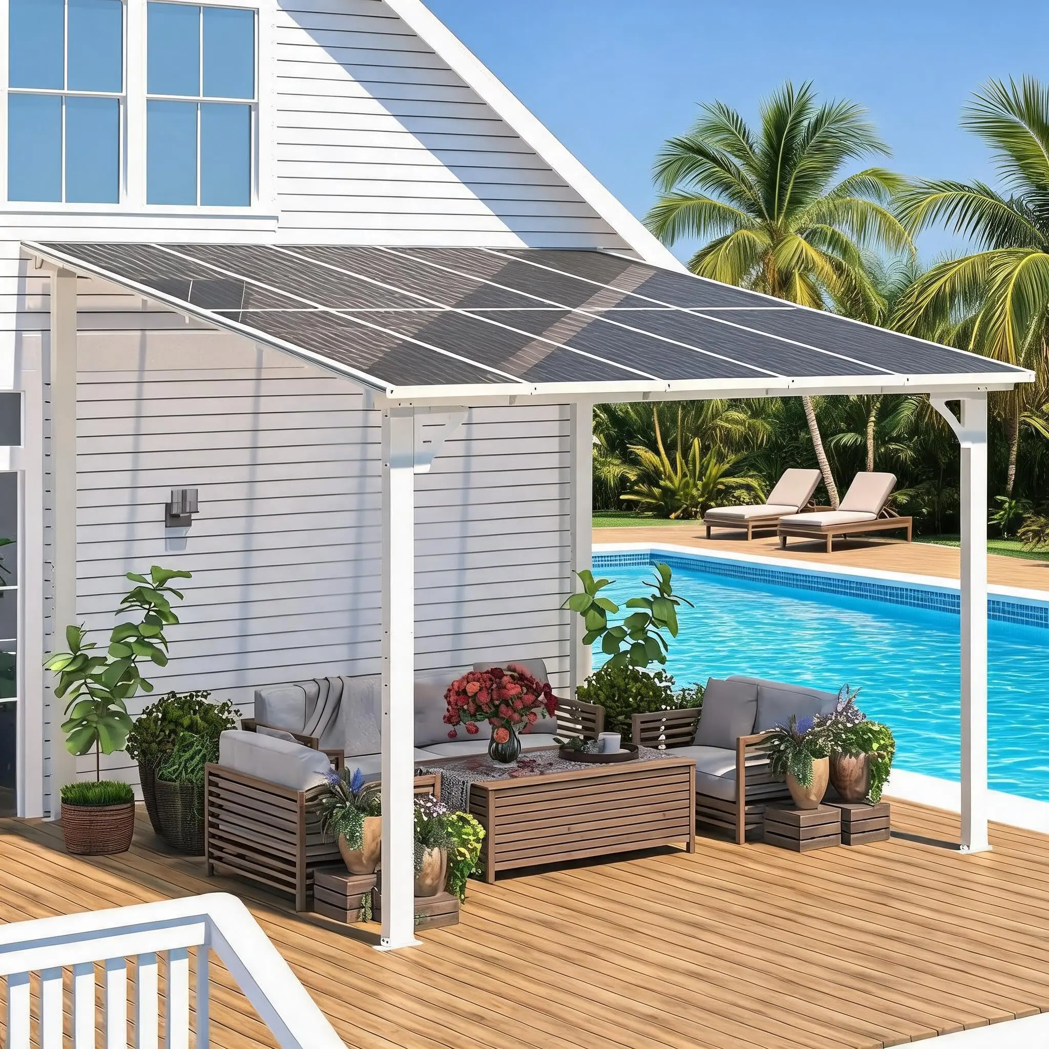 White 10x10 ft Wall Mounted Gazebo on Clearance, Outdoor Lean to Hardtop Pergola with Roof & Gutters – For Patio, Deck or Porch