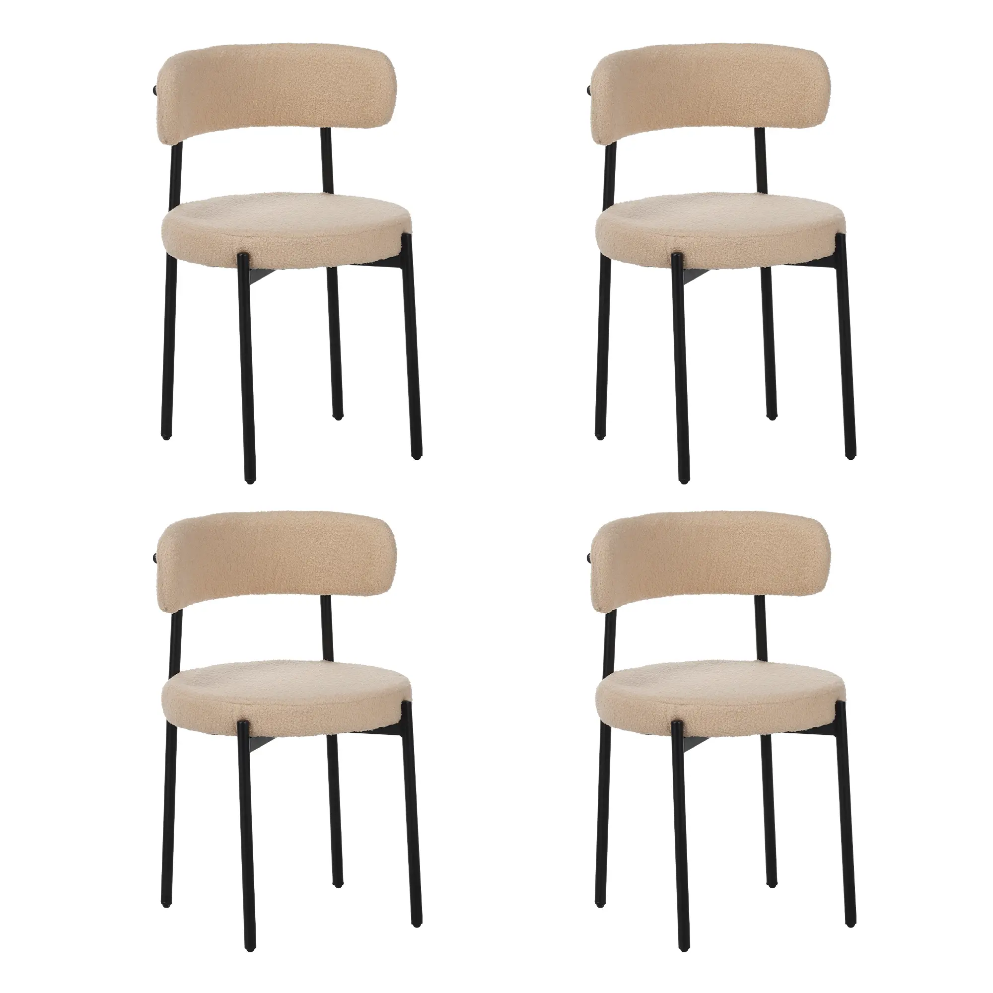 4-Piece Medieval-Modern Dining Chair Set, Beige Round Seat Cushions, Curved Back, Black Metal Legs, Suitable for Dining Rooms, Indoor Furniture
