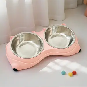 Pet Supplies Stainless Steel Dual Bowl Cat Water Bowl Feeding Bowl, Anti-Tip Pet Bowl for Cats, Durable and Easy to Clean